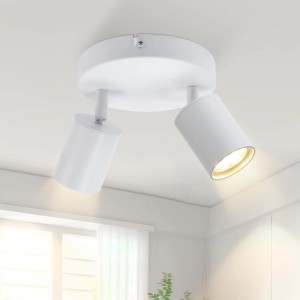 Weißer ZMH LED Deckenstrahler 2-flammig, zylindrisch, schwenkbar, mit GU10 Fassung. Ein Spot leuchtet warm.