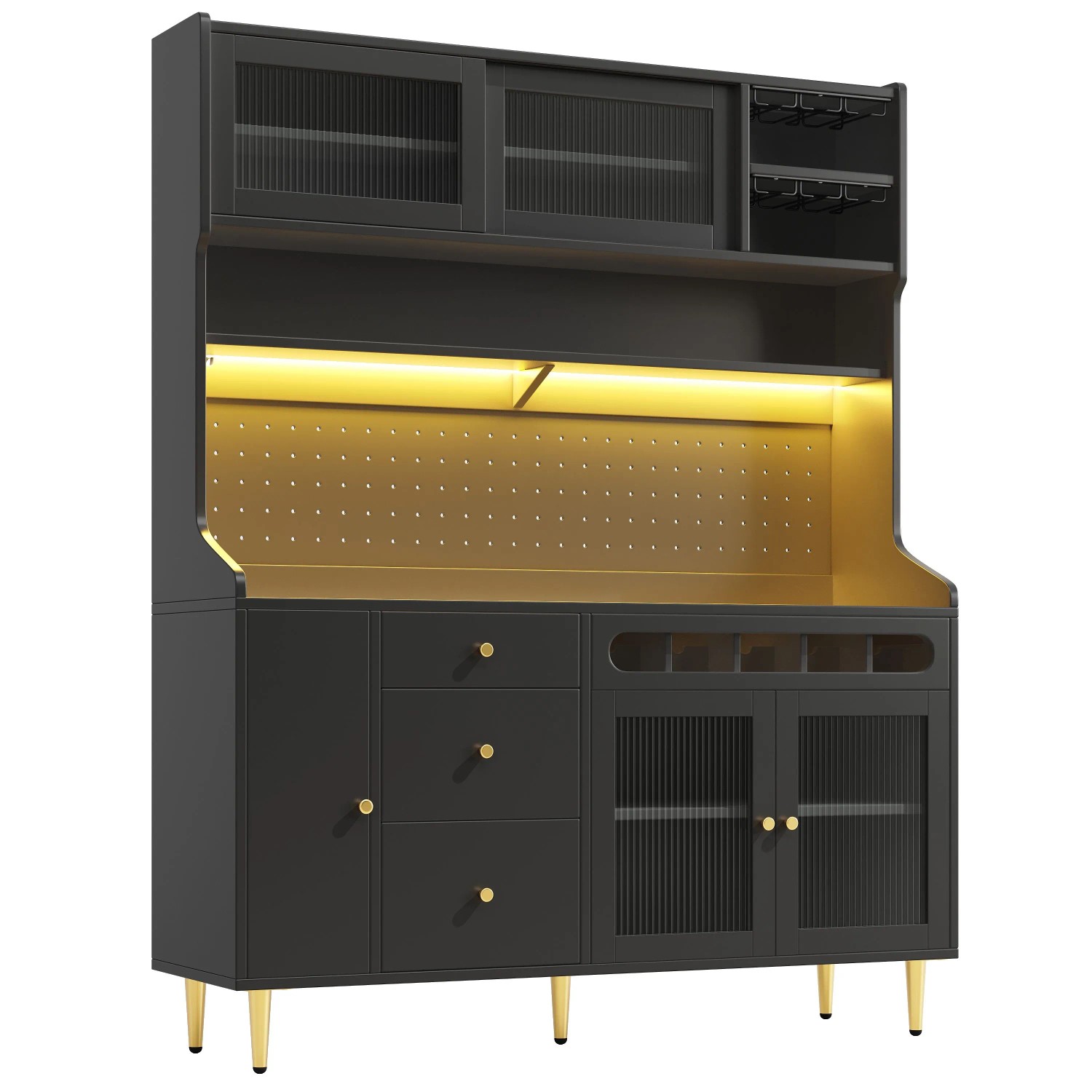 Merax Küchenschrank 145x39x171 cm Schwarz LED Weinregal Verstellbare Böden