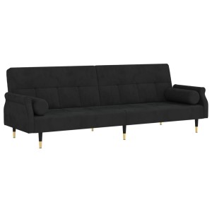 Schwarzes vidaXL Schlafsofa aus Samt mit Kissen und goldfarbenen Füßen.