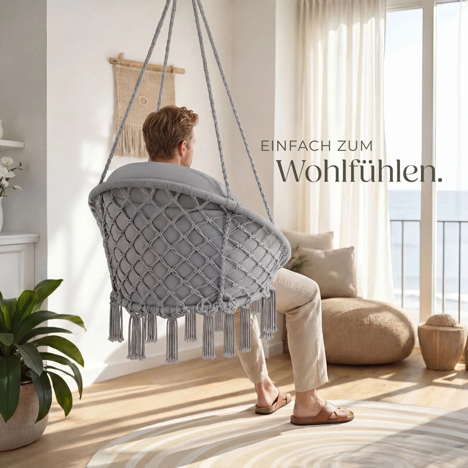 Tectake Hängesessel Samira Mit Dickem Sitzkissen Stabile Halteseile  81 x 80 x 139 cm Grau_8