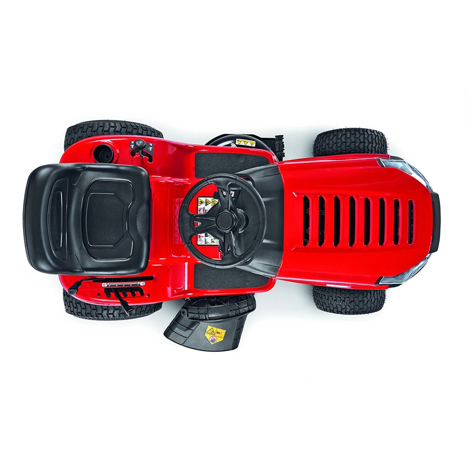 Roter Troy-Bilt Rasentraktor Pony 92T-S, Aufsicht. Gartentraktor mit Seitenauswurf.