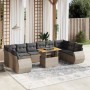 11-teilige graue vidaXL Garten-Sofagarnitur aus Polyrattan mit Tisch und Kissen.