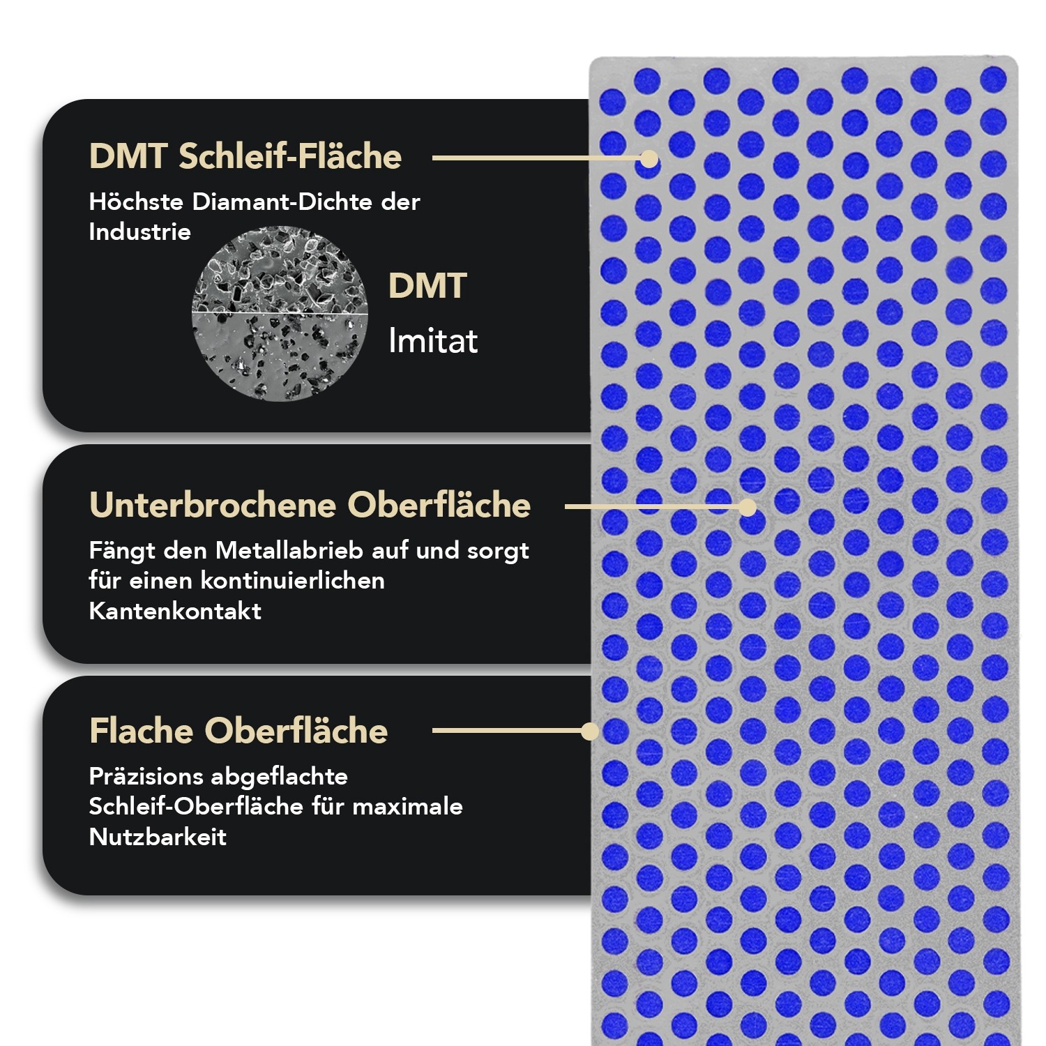 Detailansicht DMT Diamant Schleifstein: Unterbrochene Oberfläche mit blauen Punkten für effizientes Schärfen.