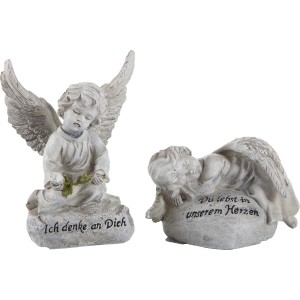 Graue FlowerPower Engel Grabdeko aus Kunststein, 2er Set.