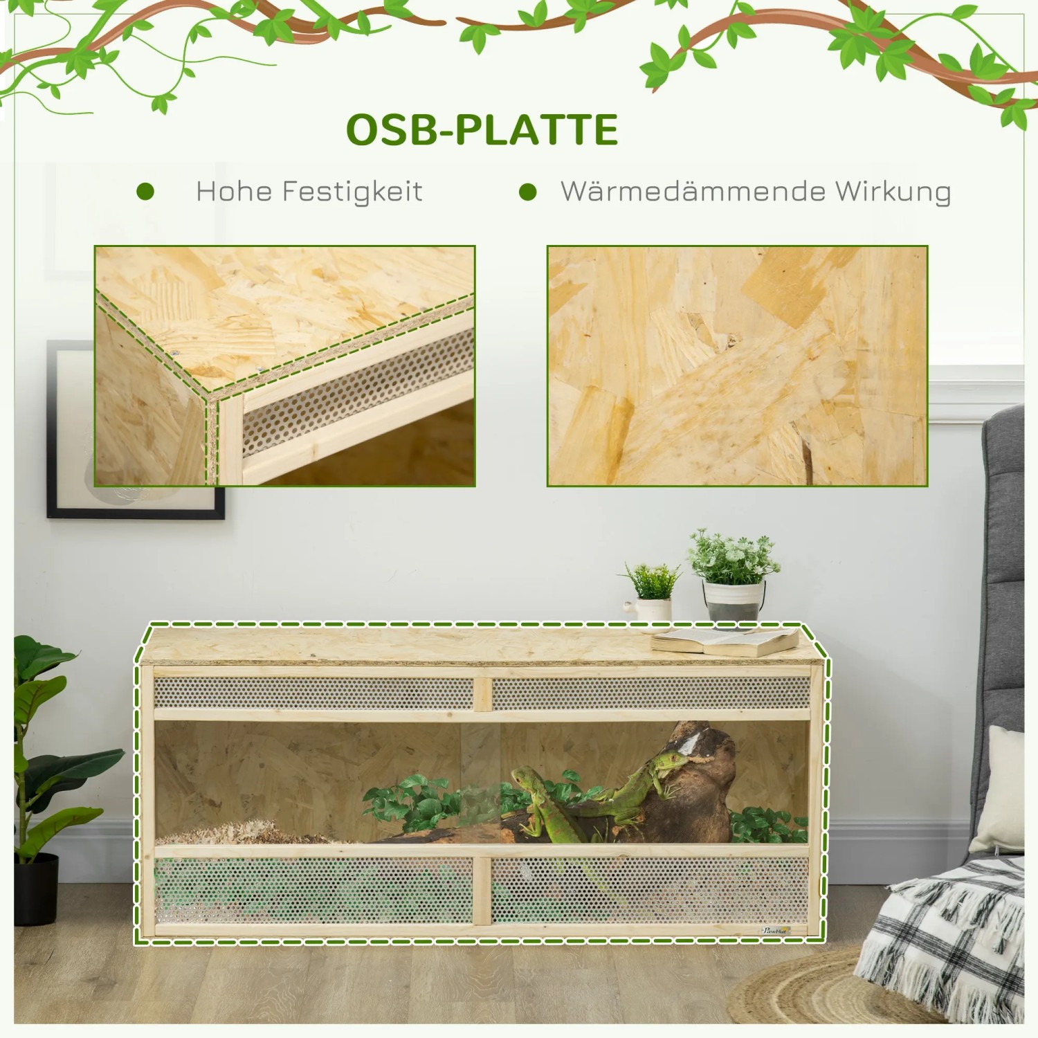 PawHut Terrarium aus Glas und Holz mit Lüftungsgitter, geeignet für Reptilien und andere Tiere.