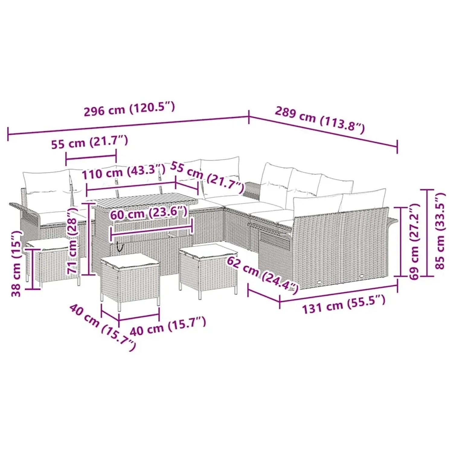 vidaXL Garten-Sofa-Set, 14-teilig, schwarz, Poly Rattan, mit Maßangaben.