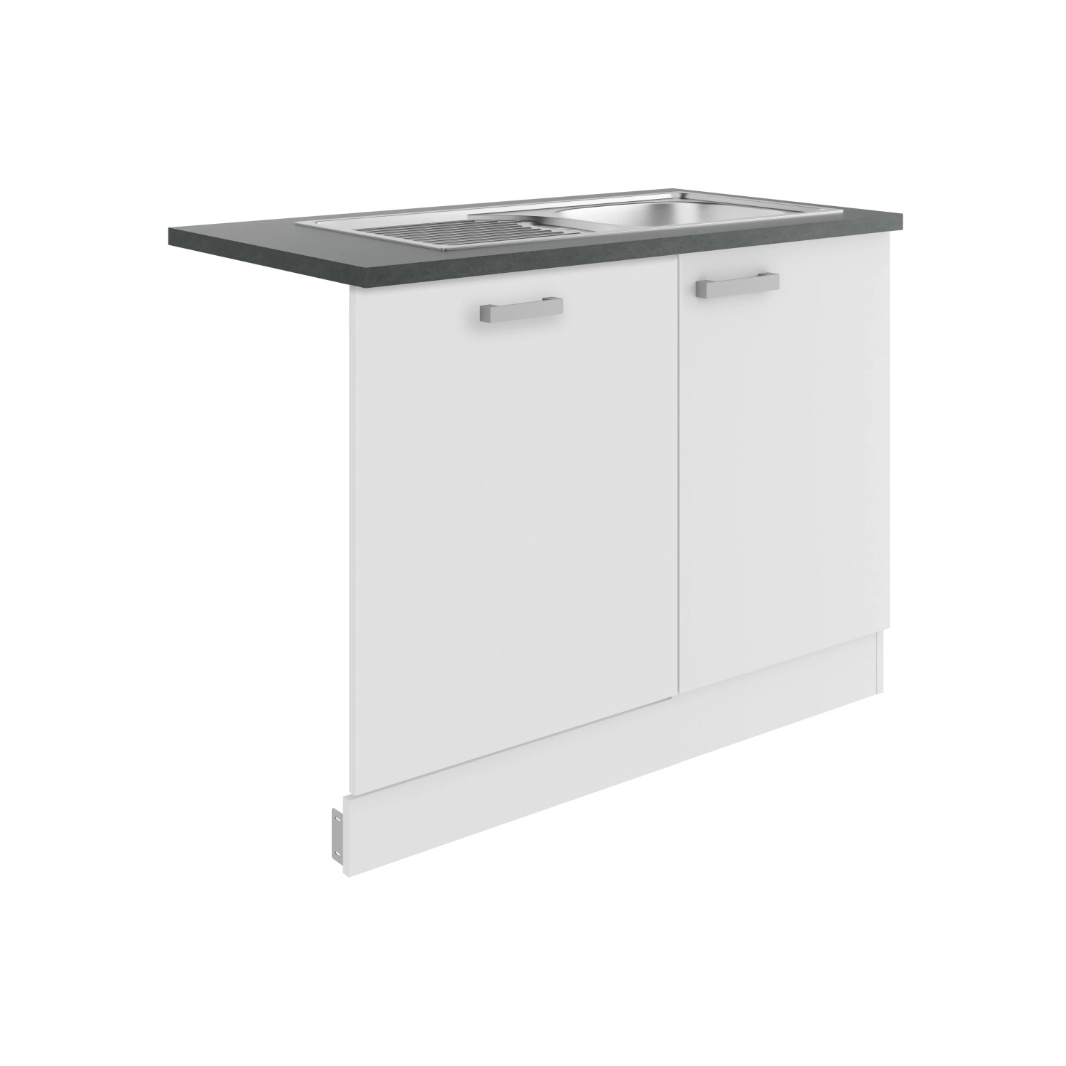 OPTIFIT Oslo214 Spülenschrank-Set in Weiß mit Edelstahlspüle und anthrazitfarbener Arbeitsplatte.