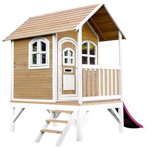 Axi Tom Spielhaus aus Holz, braun-weiß mit lila Rutsche, Leiter und Veranda.