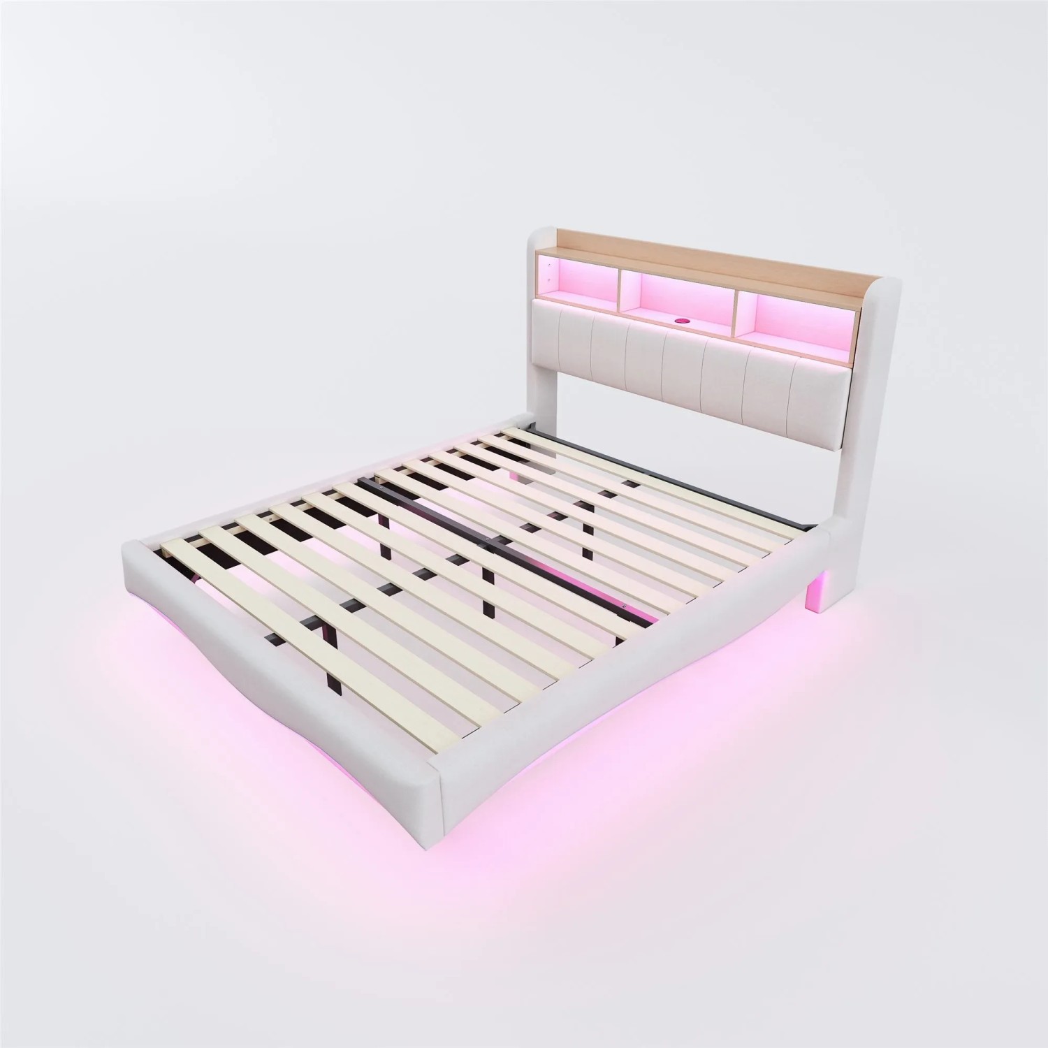 Merax Polsterbett 160x200cm LED USB-C Stauraum Leinen Beige