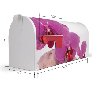 Weißer US Briefkasten mit Orchideen Motiv. Amerikanischer Postkasten aus Stahl, pulverbeschichtet.