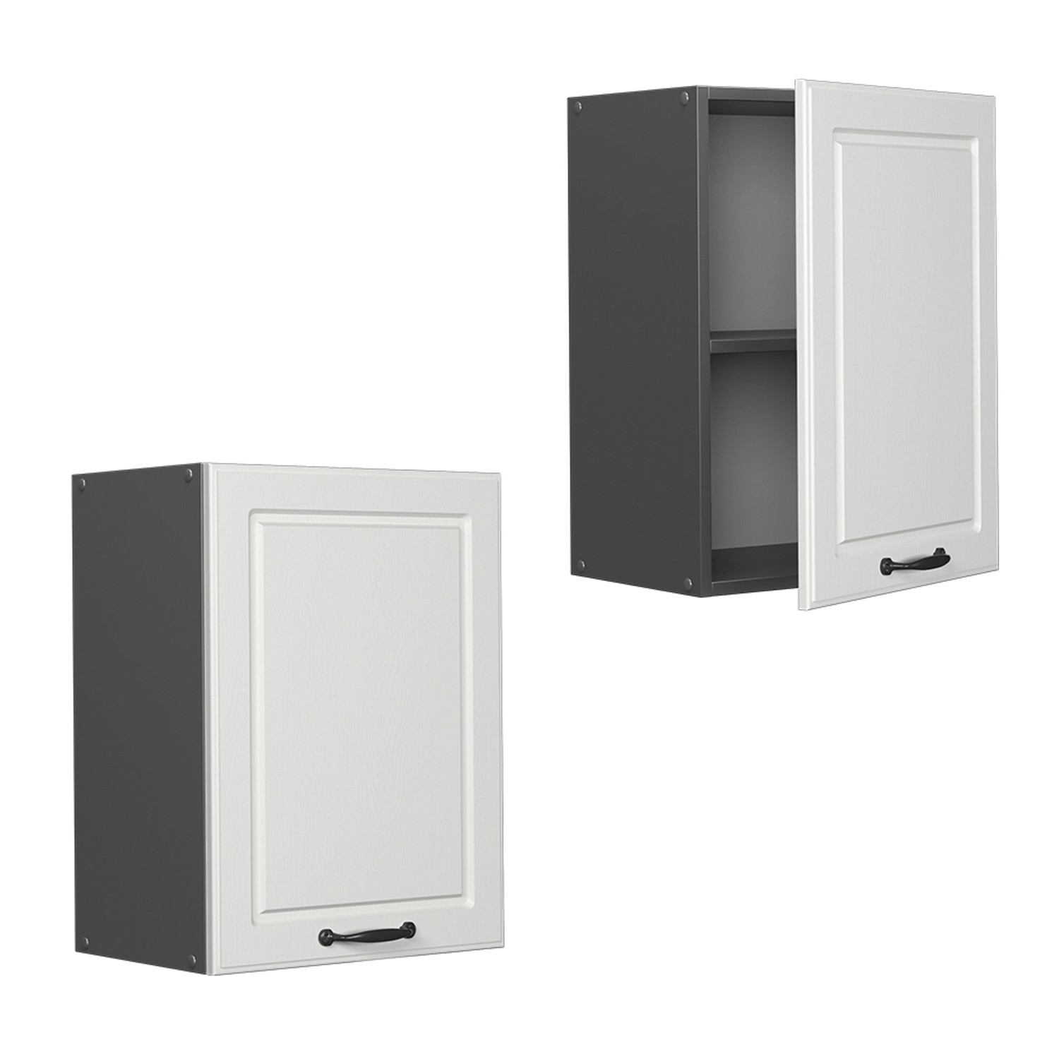 Vicco Hängeschränke R-Line, Landhausstil, weiß/anthrazit, 45 cm breit. Küchenschrank mit Tür offen und geschlossen.