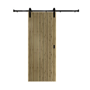 Radex Schiebetür-Komplettset Akustikpaneel Lamette, 95x210 cm, mit Lamellen-Design und schwarzer Aufhängung.