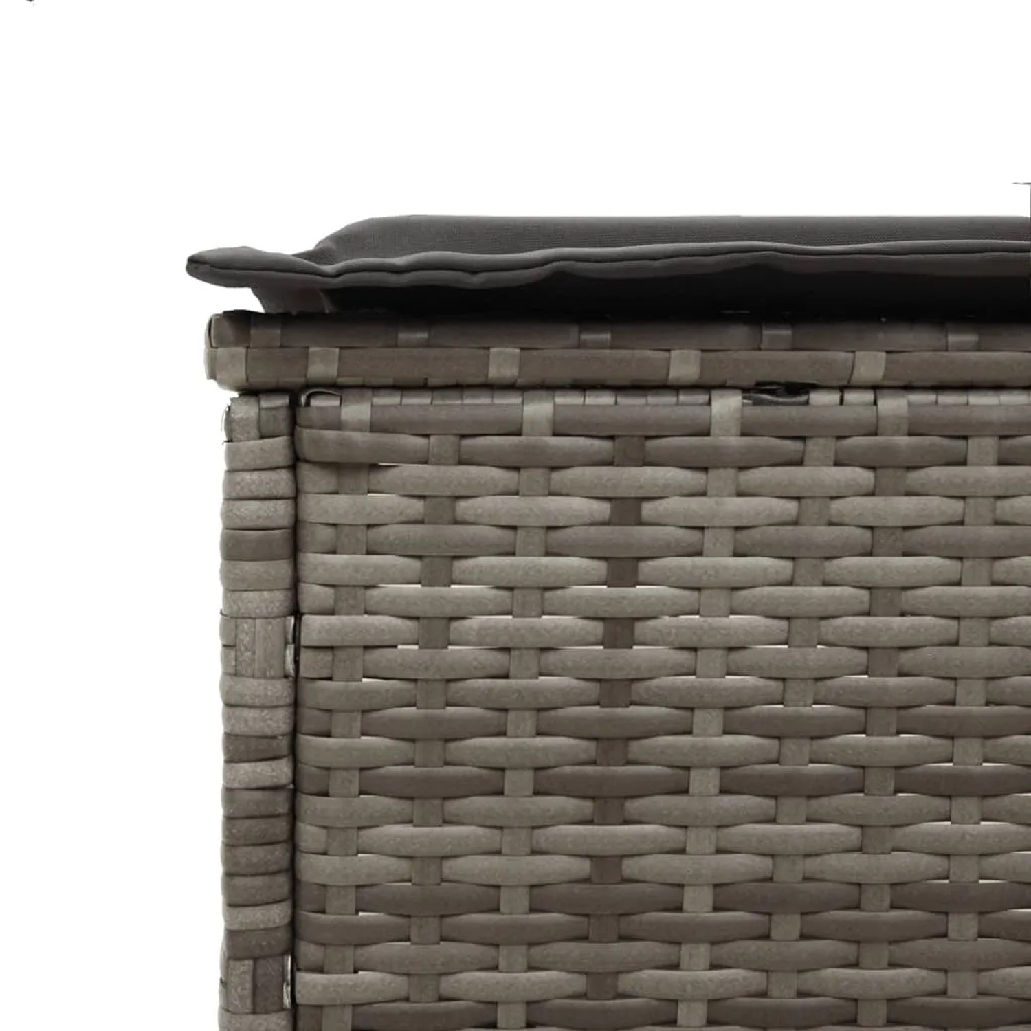 Detailansicht: Graue vidaXL Sonnenliege aus Poly Rattan mit Tisch und Auflage.