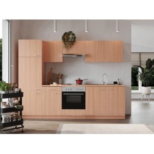 Respekta Küchenzeile KB270BBE, 270 cm, Buche Nachbildung, mit Elektrogeräten.