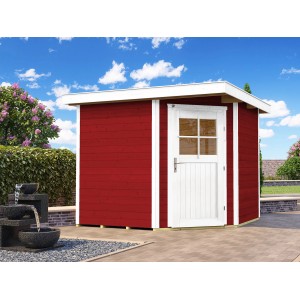 Weka Holz-Gartenhaus Angolo B, schwedenrot, mit Flachdach und weißer Tür. Gartenhaus für Gartengeräte.