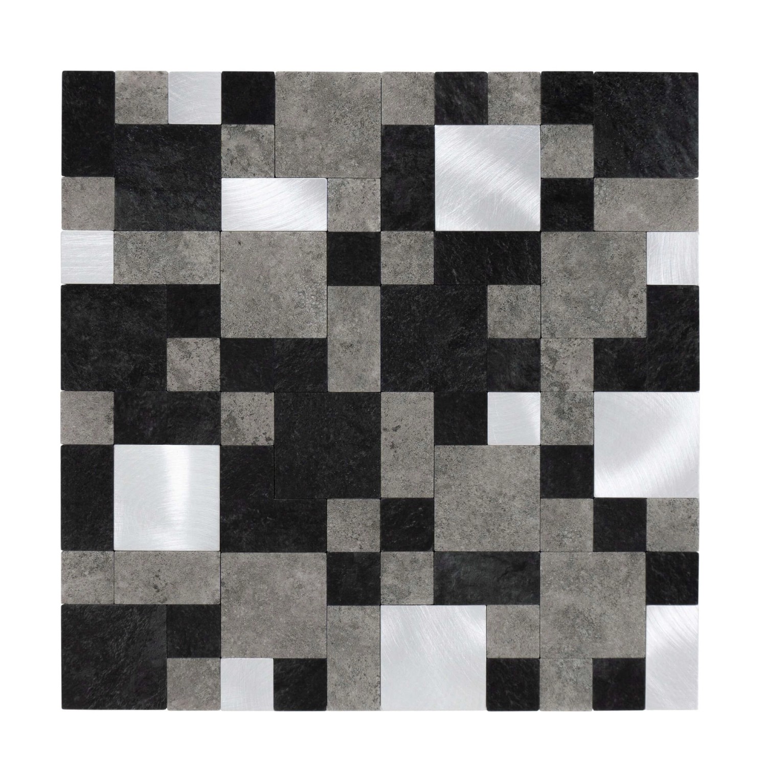 Dalsys Selbstklebende Fliesen 1m² 11 Stück Steinoptik Quadrate Schwarz Silber