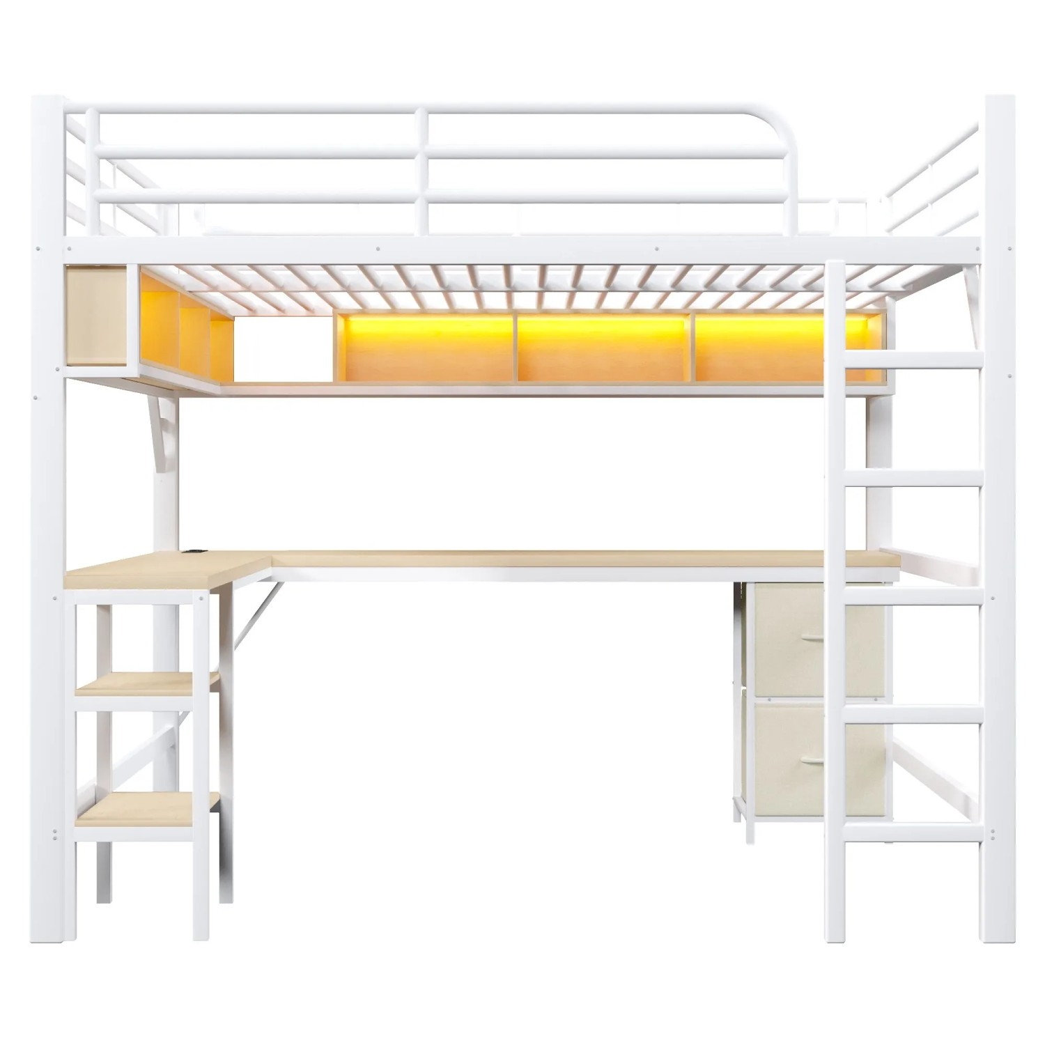 Merax Gaming Hochbett 140x200 cm Metall mit Bücherregal Schreibtisch USB LED Weiß