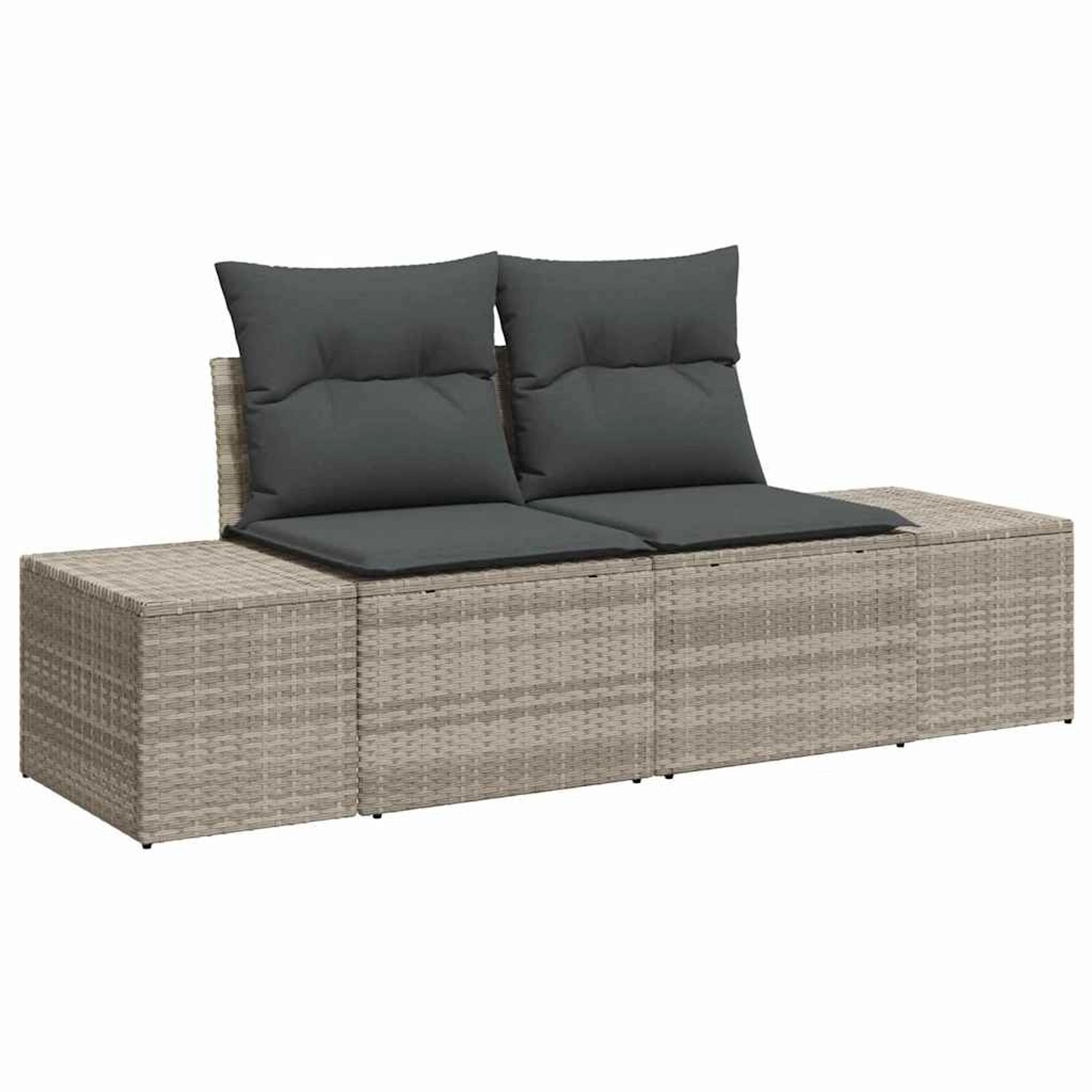 6-teiliges Gartensofa-Set aus hellem Rattan mit grauen Kissen.