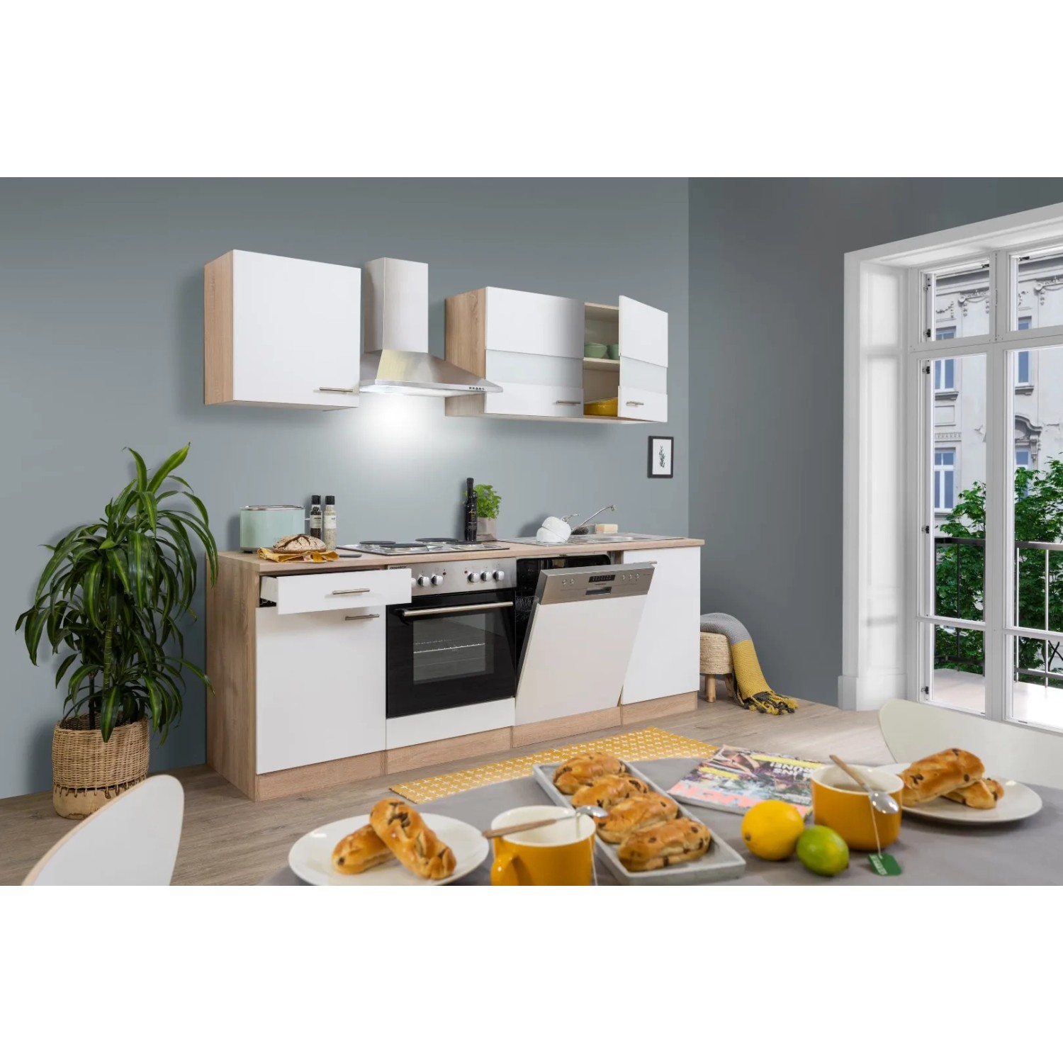 Respekta Küchenzeile KB220ESW in Weiß-Eiche Sägerau Optik mit E-Geräten und Spüle.
