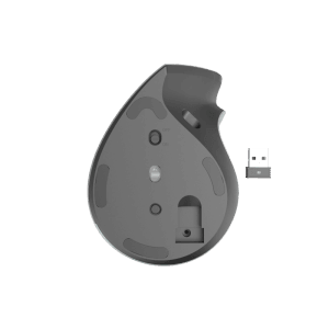 Unterseite der ergonomischen Hama Vertikalmaus EWM-700R in Anthrazit mit USB-Empfänger.