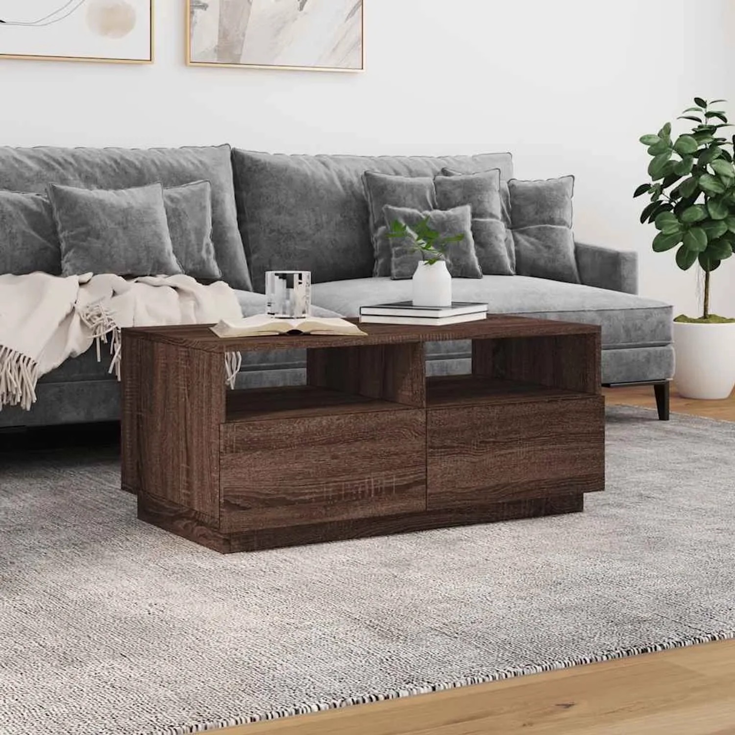 Moderner Couchtisch in Braun Eichen-Optik mit LED-Leuchten. Rechteckiger Kaffeetisch aus Holzwerkstoff für Ihr Wohnzimmer.