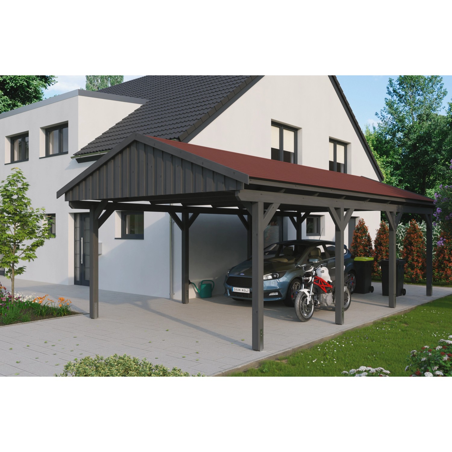 Skan Holz Carport Fichtelberg 423 cm x 808 cm Rote Schindeln Schiefergrau