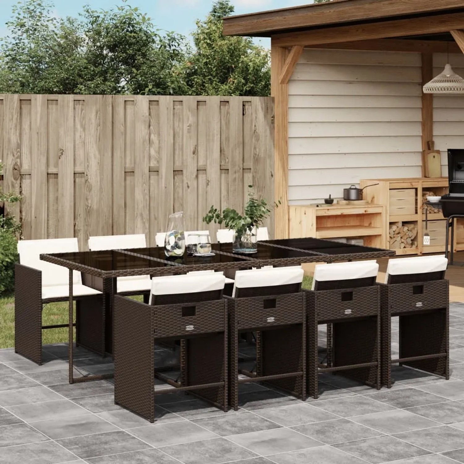 Braune 9-tlg. vidaXL Garten-Essgruppe aus Rattan mit Kissen. Gartenmöbel-Set mit Tisch und Stühlen.