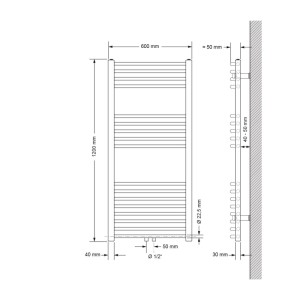 Maßzeichnung des LuxeBath Badheizkörpers 600x1200mm. Ansichten mit Abmessungen für den weißen Handtuchwärmer.