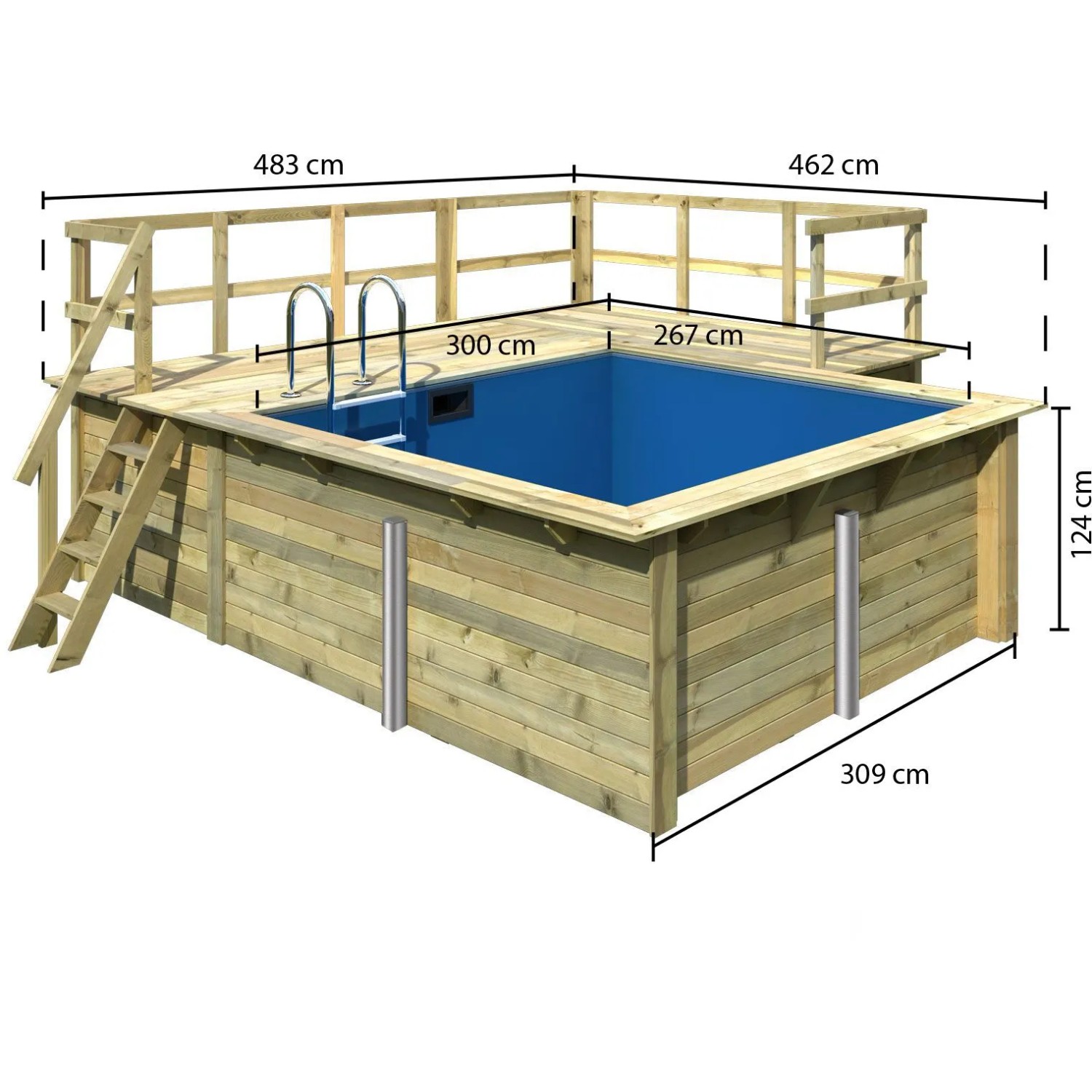 Karibu Holzpool mit Sonnenterrasse und Leiter. Kesseldruckimprägniertes Holz, blaue Poolfolie.