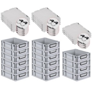 PROREGAL SuperSparSet: 16 graue Euroboxen mit Scharnierdeckel, 11 Liter, mit schwarzen Griffen.