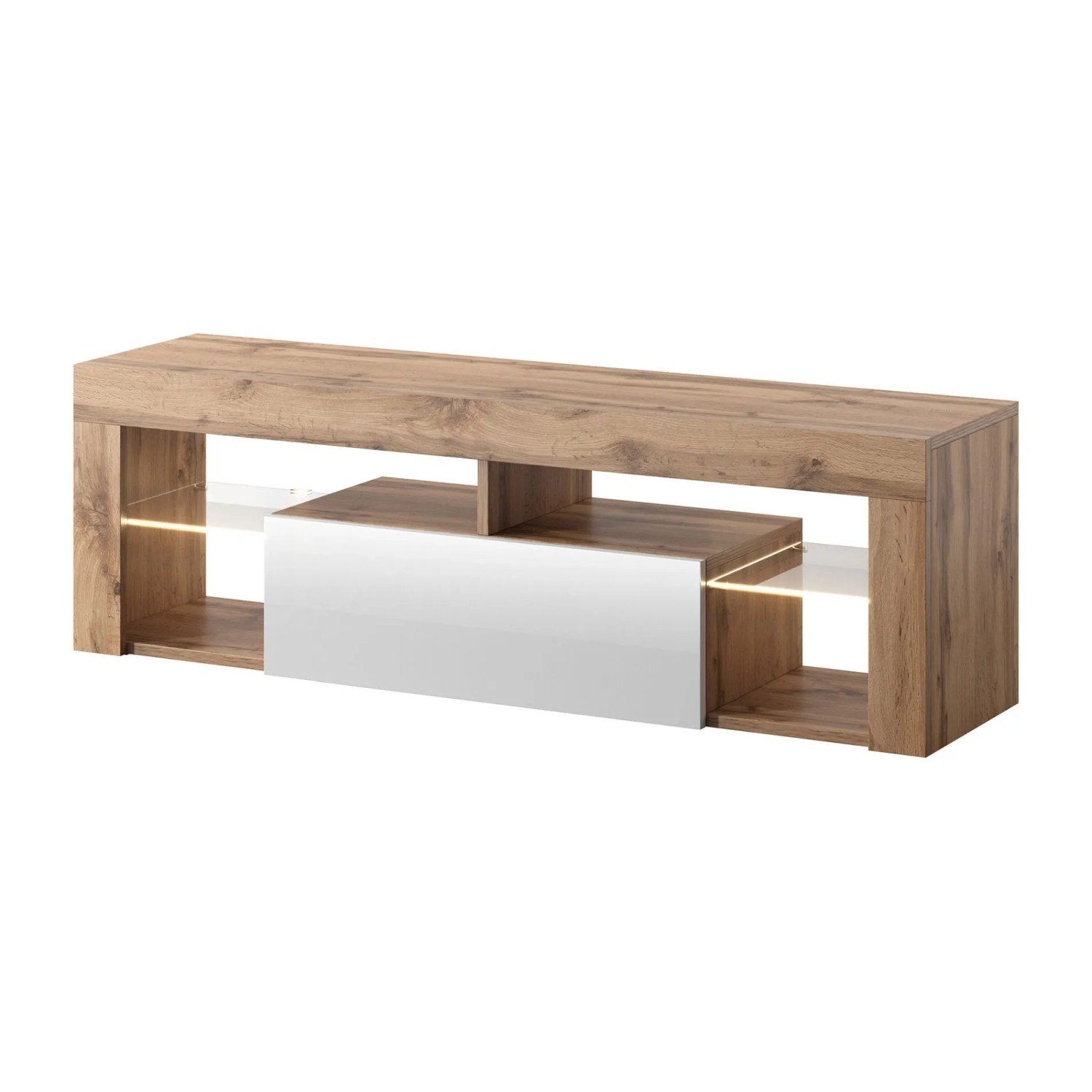 TV-Lowboard Bianko 140 cm Lancelot Eiche / Weiß Hochglanz mit Beleuchtung