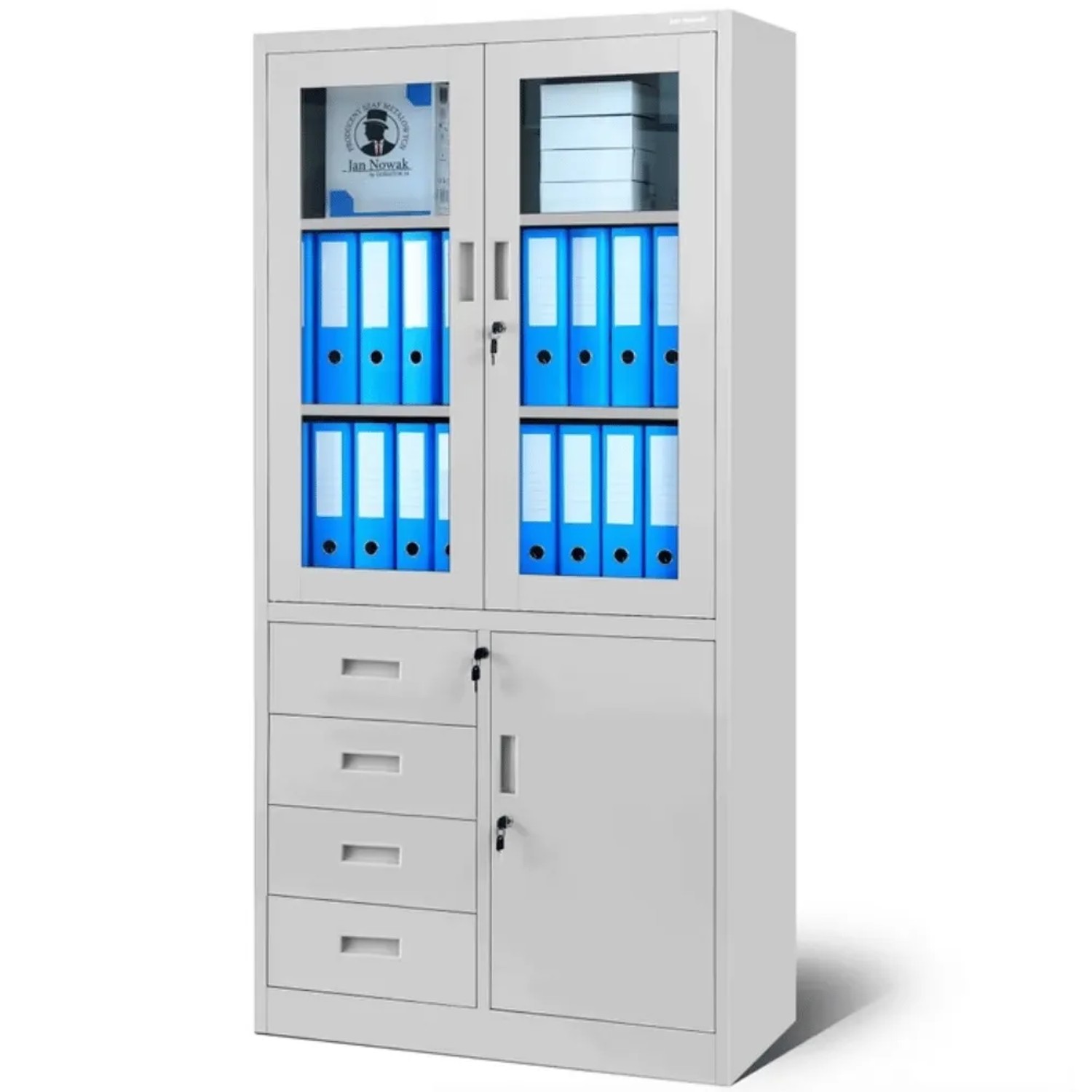 JAN NOWAK Vitrinenschrank Abschließbar WIOLA mit Schubladen 185 x 90 x 40 cm Grau