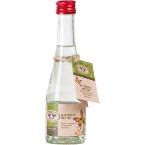 Esschert Schmetterlingsnektar (200 ml) in Glasflasche mit rotem Deckel.