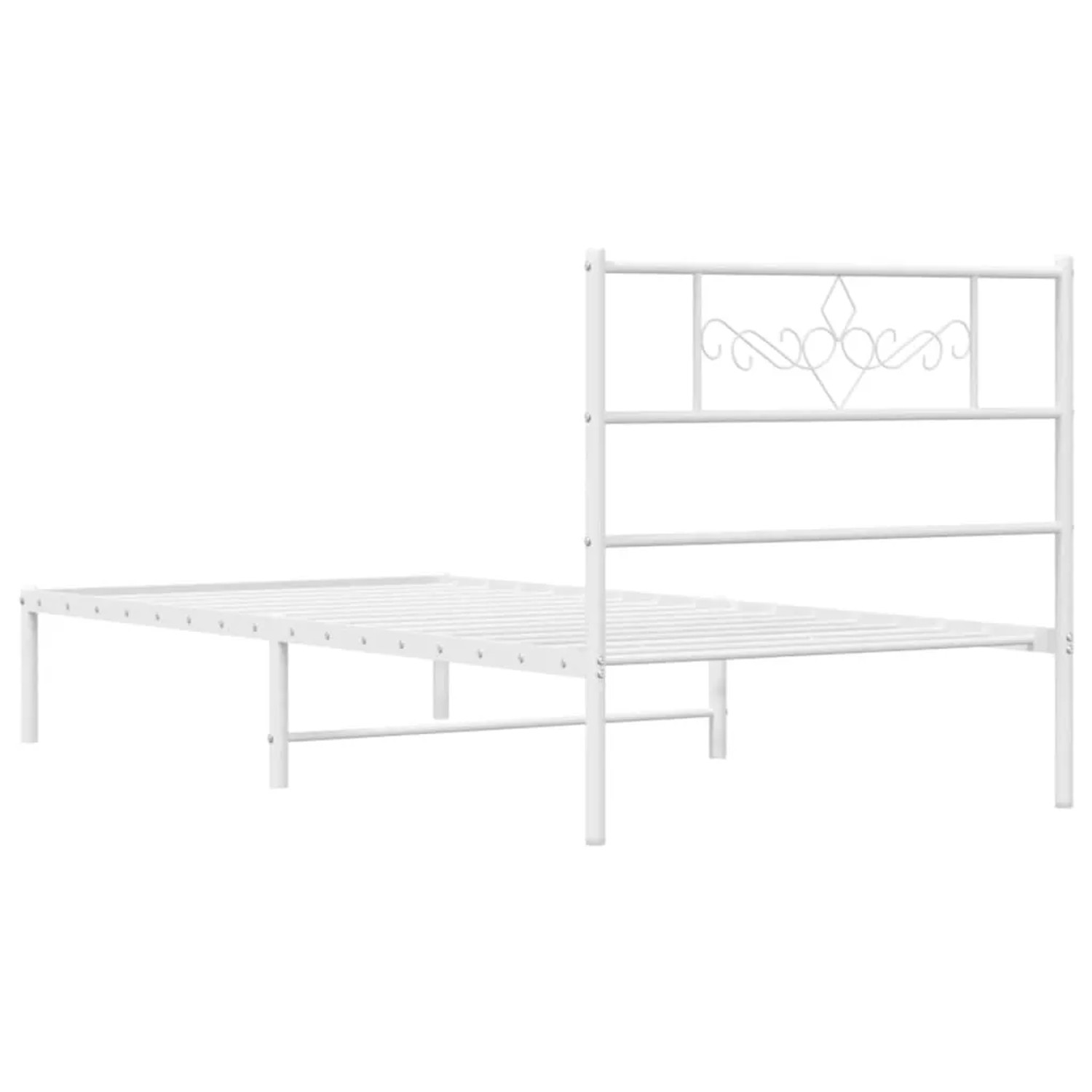 Weißes Metallbettgestell 90x190 cm mit Kopfteil im schlichten Design für das Schlafzimmer.