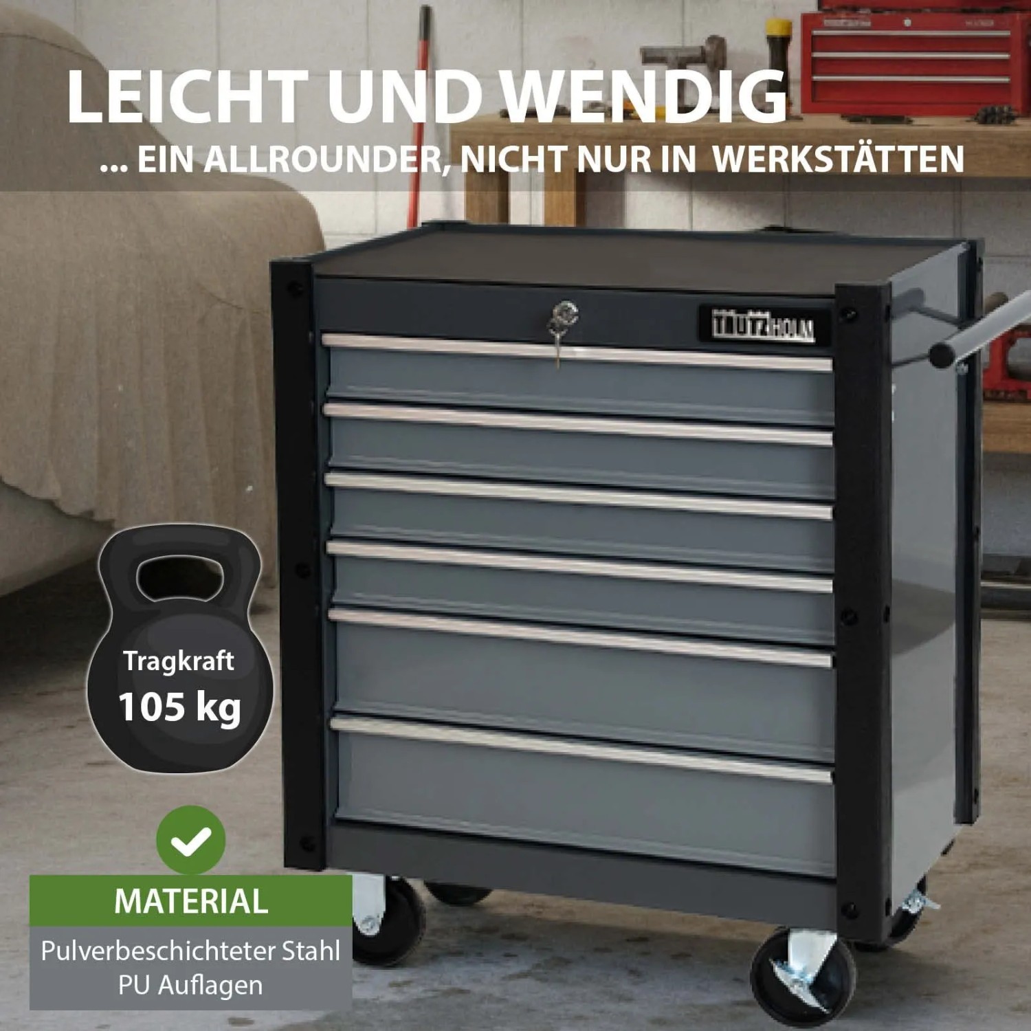 Grauer Trutzi Werkzeugwagen von TRUTZHOLM mit 6 Schubladen und Rollen.