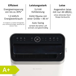 Mobiles Bosch Klimagerät Cool 5000 mit Inverter-Technologie in Weiß, Frontansicht.