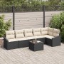 Schwarzes 7-teiliges vidaXL Garten-Sofa-Set aus Poly Rattan mit Tisch und beigen Kissen.