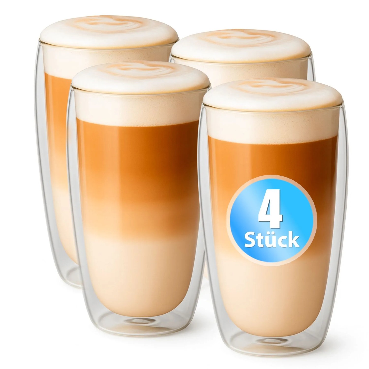 BigDean 4 Stück Hohe Doppelwandige Latte Macchiato Gläser 350 ml aus Borosilikatglas Kaffeegläser in Geschenkverpackung