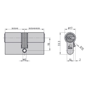 Technische Zeichnung: Basi V55 Profil-Doppelzylinder, 30/30 mm, gleichschließend, Maße und Details.