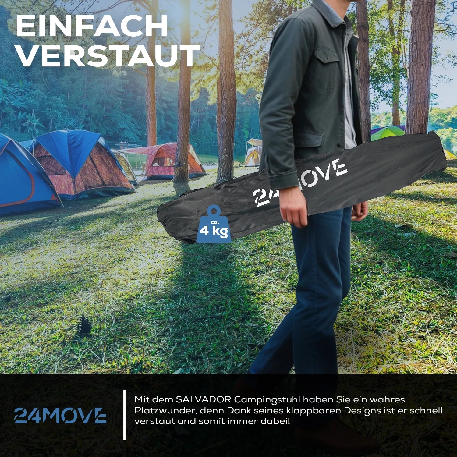 Mann trägt 24MOVE Campingstuhl (faltbar, schwarz) in Tragetasche. Zelte im Hintergrund.