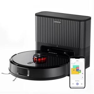 Schwarzer VONKO S6 Pro Saugroboter mit rotem LiDAR-Sensor, Absaugstation und App-Steuerung mit Raumkarte.