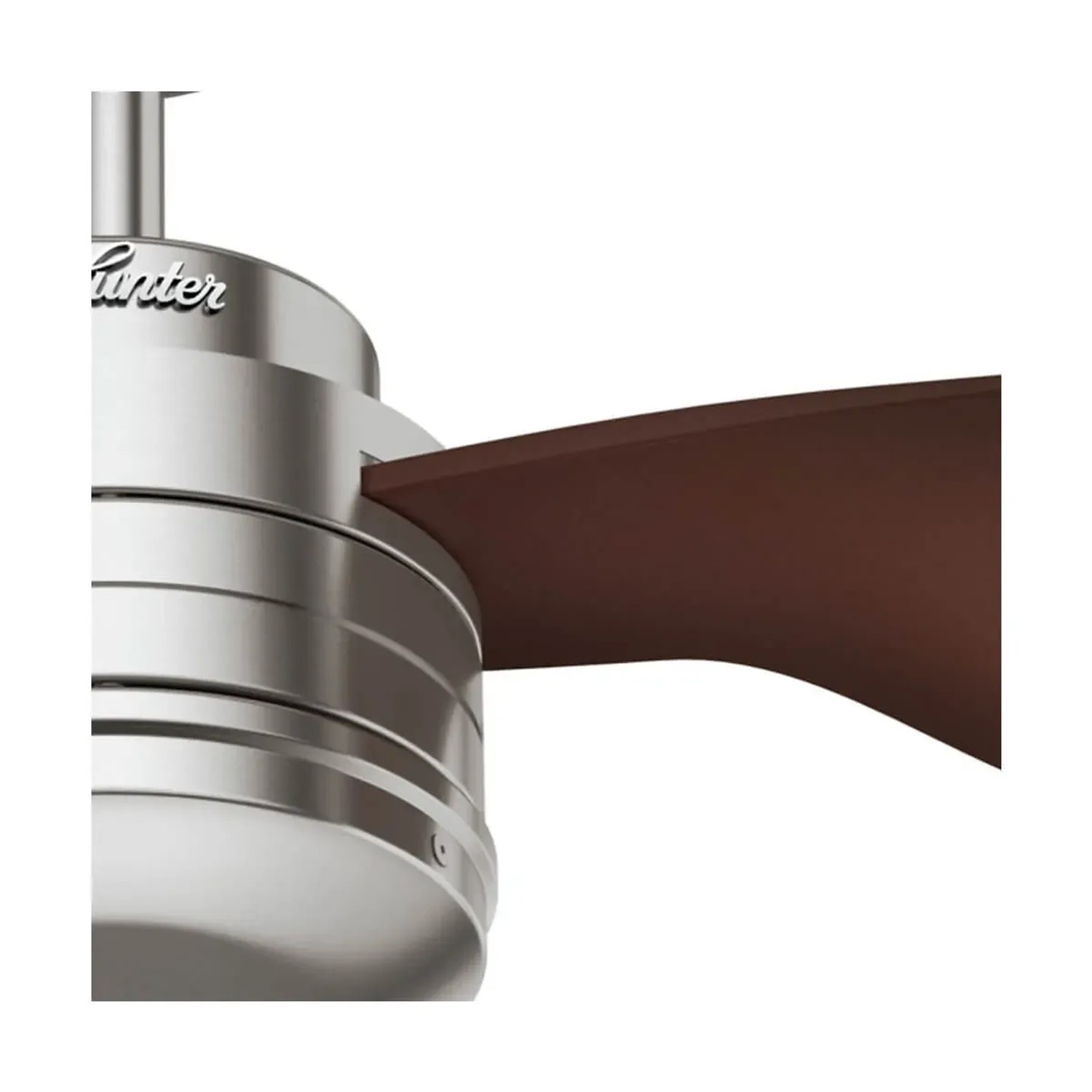 Detailaufnahme: HUNTER Deckenventilator Flight, 132 cm, Nickel gebürstet, dunkles Buchenholz.