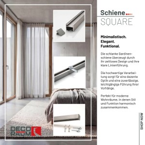 Deco-Raum Gardinenschiene Square in Edelstahl-Optik. Detailansichten von Schiene, Gleiter und Montagezubehör für Vorhänge.