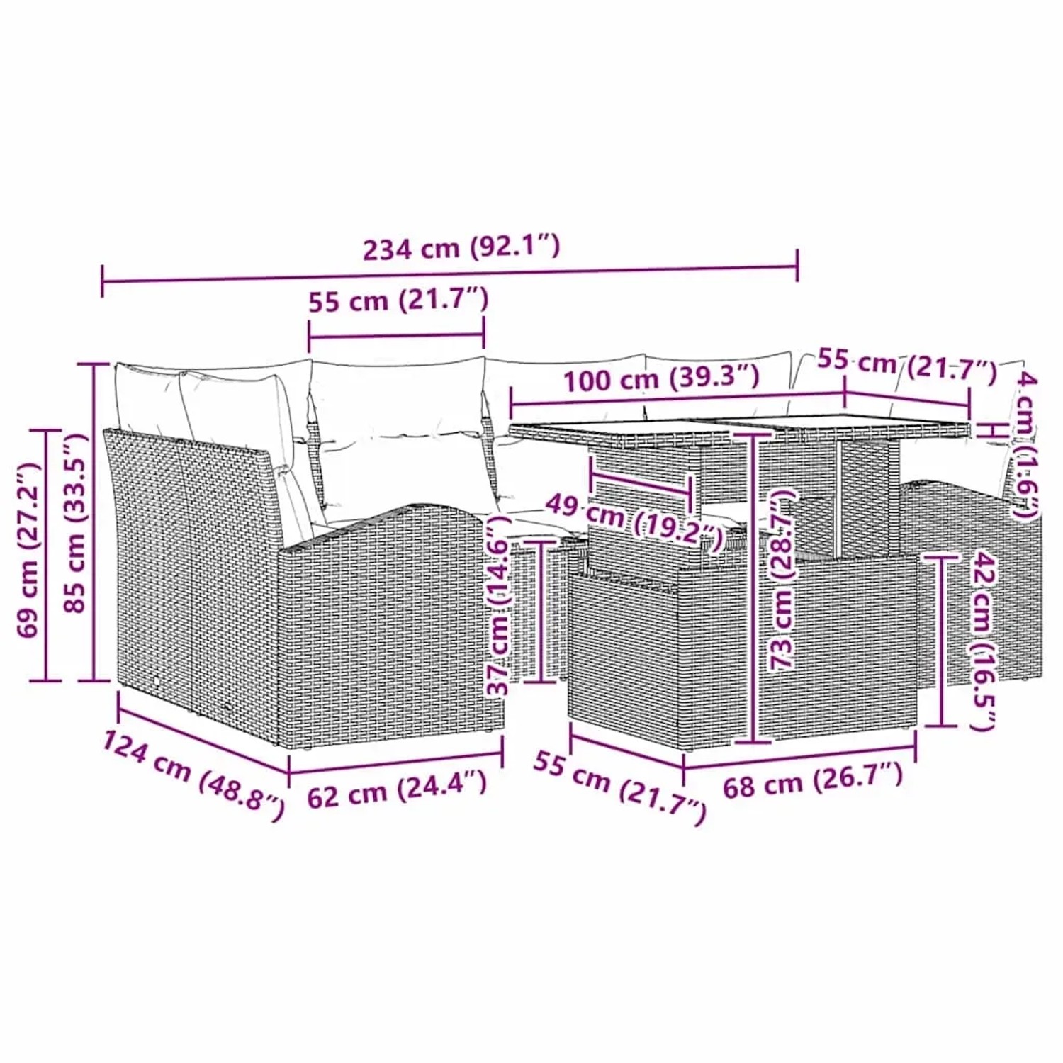 Beiges 7-teiliges Garten-Sofa-Set aus Polyrattan mit Tisch und Kissen von vidaXL.