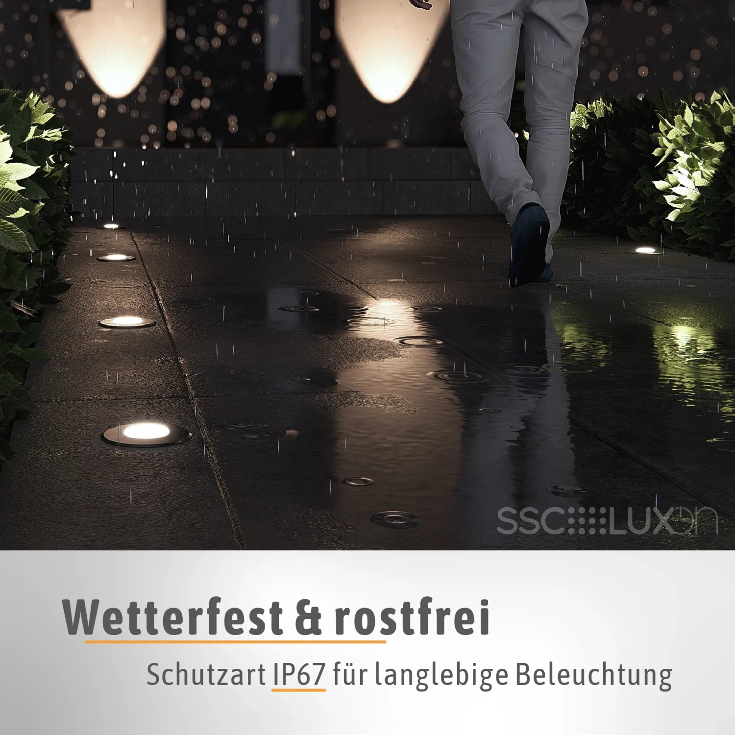 Silberner SSC-LUXon Juavi LED Bodeneinbaustrahler im Außenbereich, schwenkbar, warmweißes Licht.