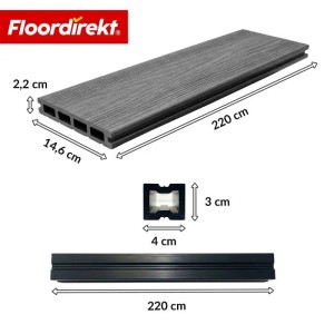Floordirekt WPC Terrassendielen Crown 220 cm Beidseitig Nutzbar Komplettset 2 m² Grau