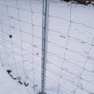 Wildzaun-Set mit Knotengeflecht, Zaunpfosten und Spanndraht im Schnee.
