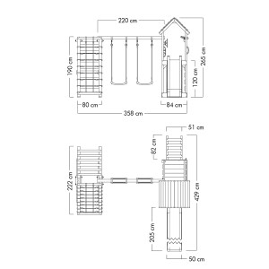 Skizze des Wickey Spielturm RocketFlyer mit Rutsche und Klettergerüst, Maße.
