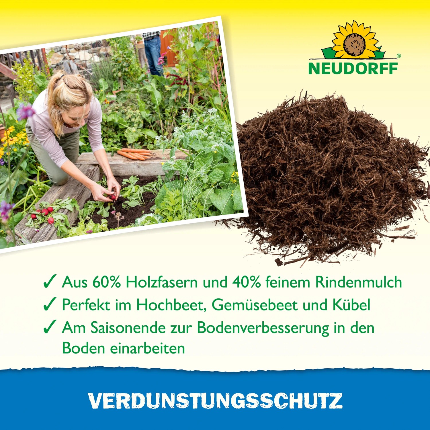Neudorff Verdunstungsschutz: Frau arbeitet im Gemüsebeet, im Vordergrund Mulch. Pflanzerde für weniger Gießen.