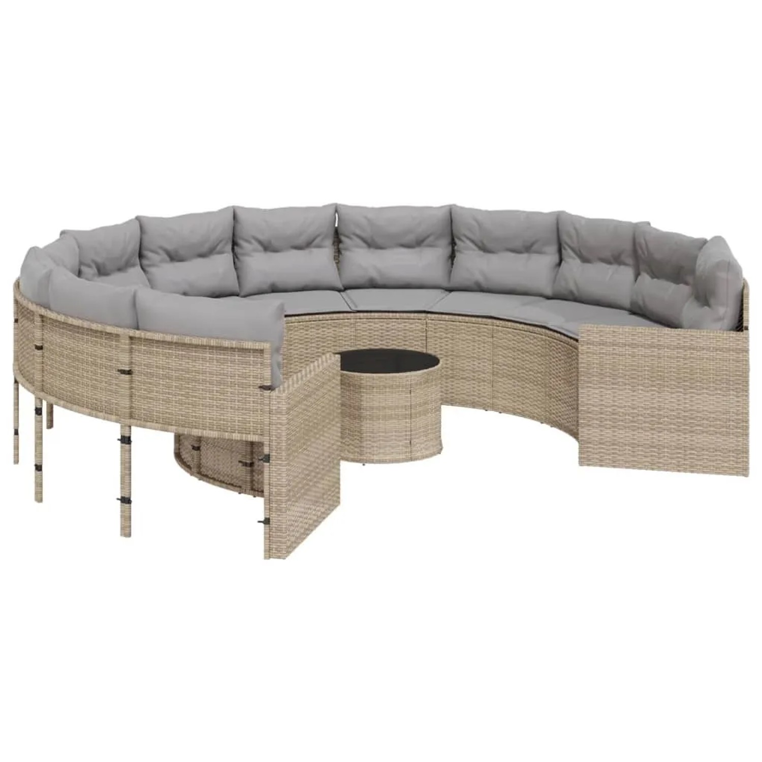 vidaXL Gartensofa mit Tisch und Kissen Rund Beige Poly-Rattan 3318537